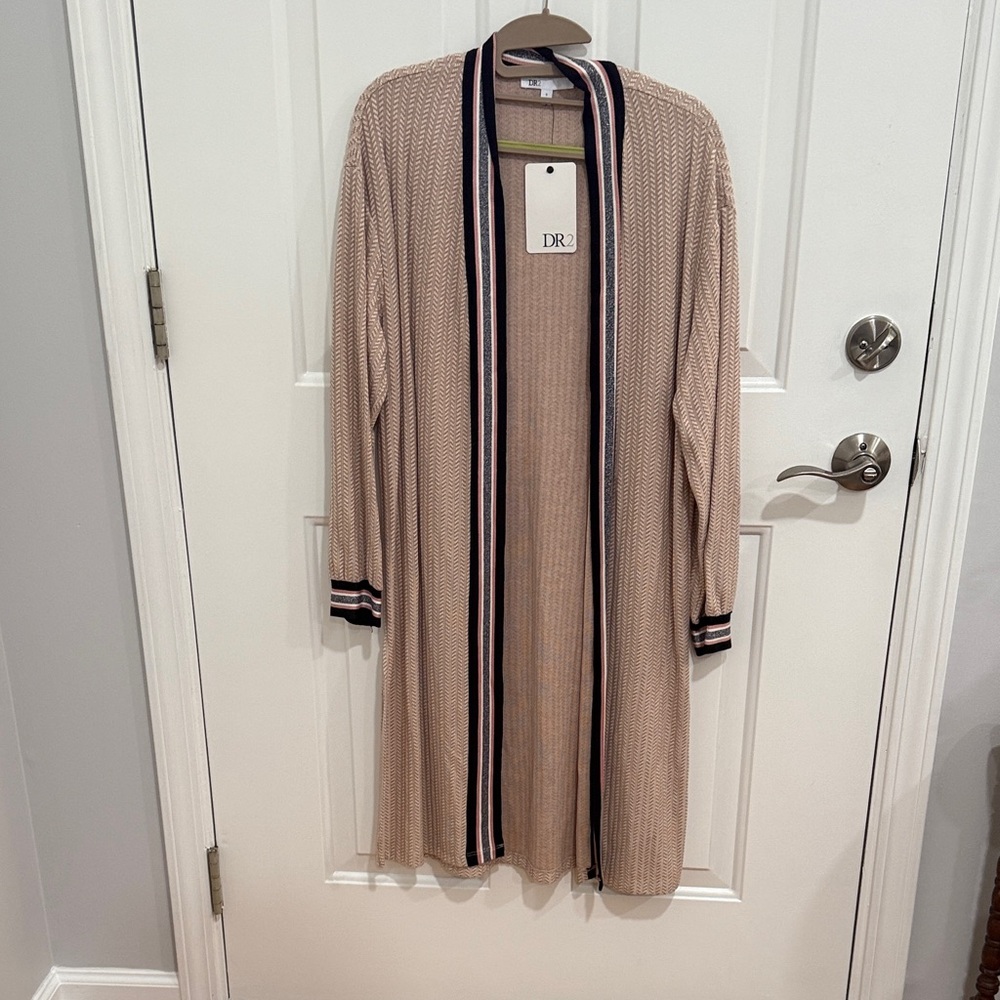 DR2 Beige Long Cardigan with Black and Pink Stripes